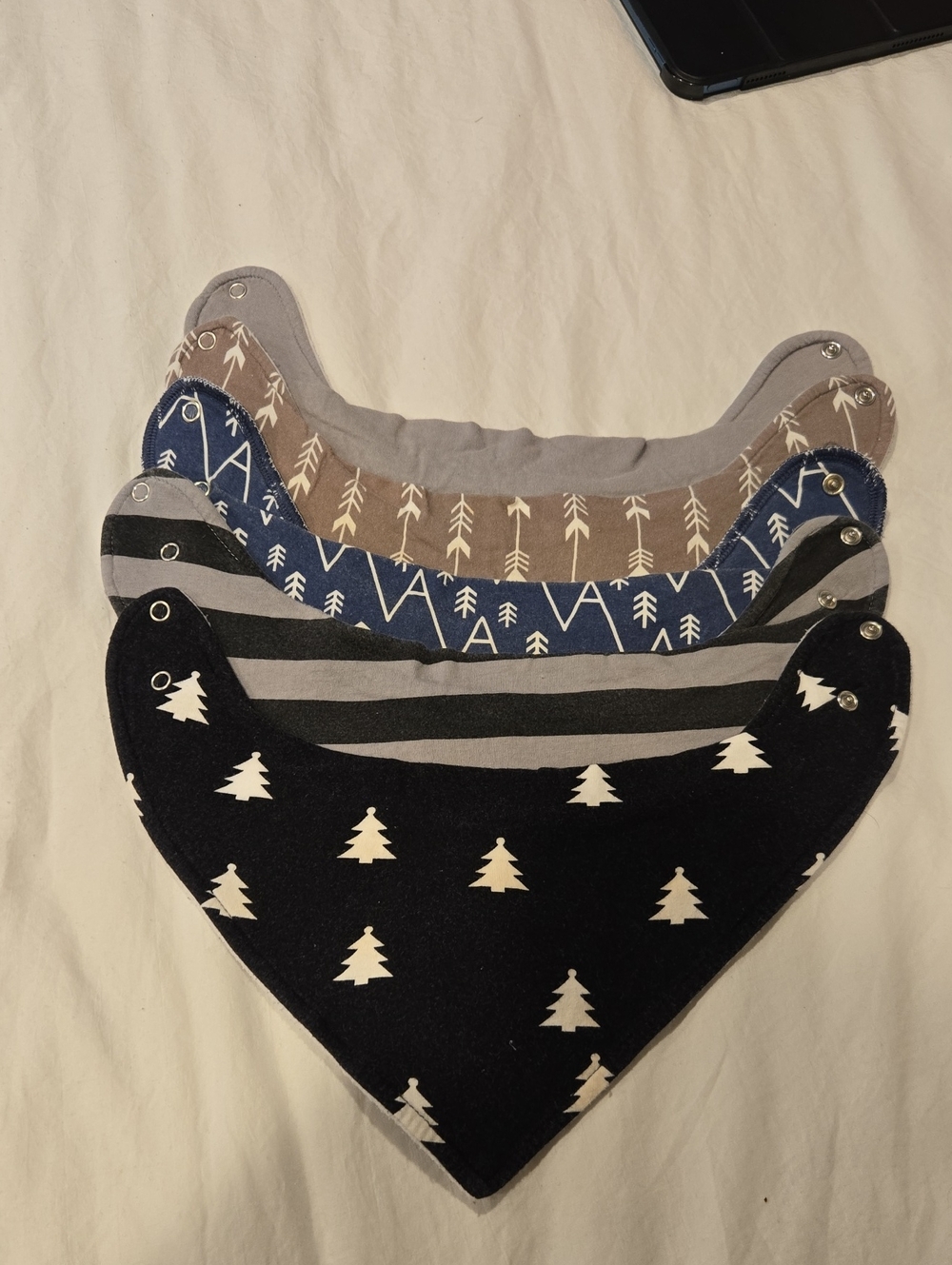 Simple Neutral Tree & Stripe Bandana Bib Set - Black, Gray, Blue, Brown
